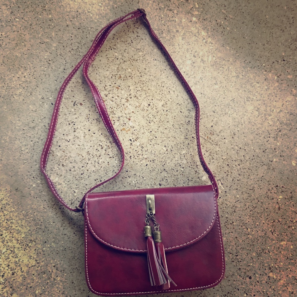 Maroon Snap-Close Tassels Crossbody Bag